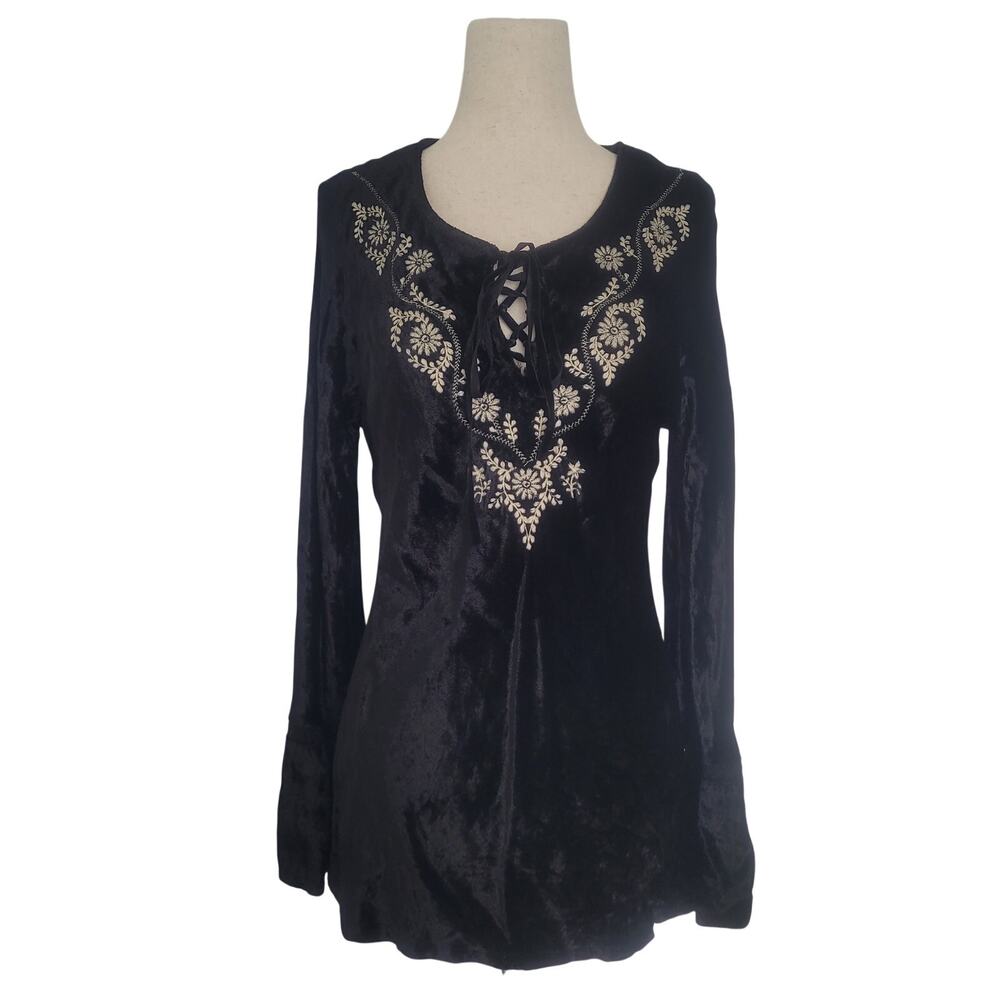 Vintage Y2k Faded Glory Velvet Embroidered Lace Up Top Size M Whimsigoth